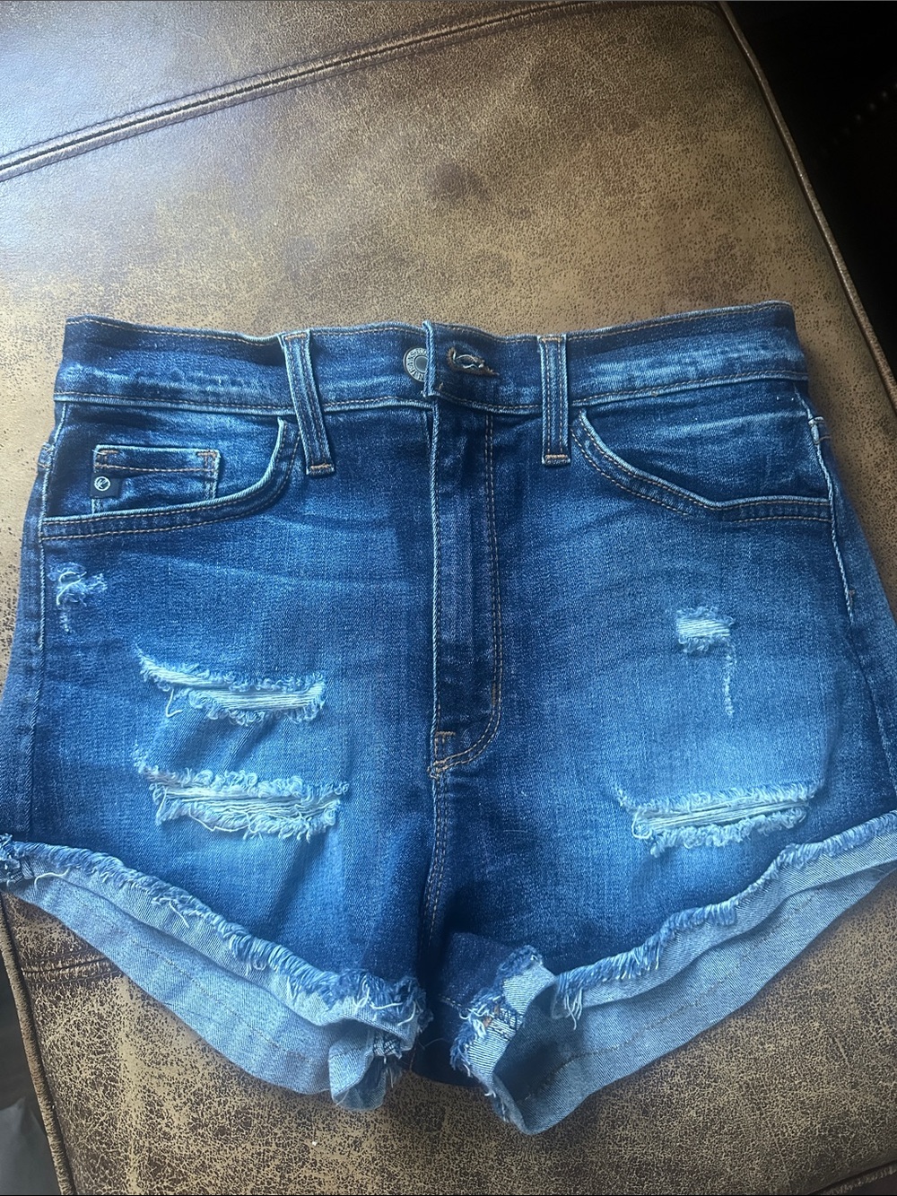 KanCan Dark Blue Distressed High-Rise Rolled Hem Jean Shorts